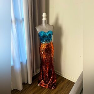 Blue orange full sequin strapless prom dress